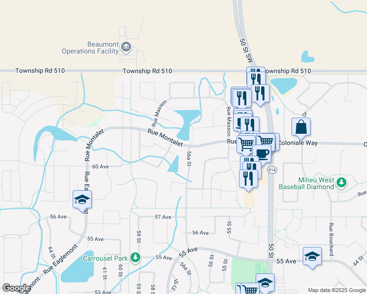 map of restaurants, bars, coffee shops, grocery stores, and more near 57 Rue Montalet in Beaumont
