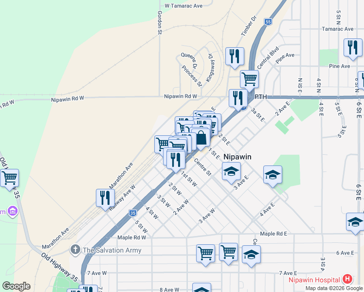map of restaurants, bars, coffee shops, grocery stores, and more near 100 Railway Avenue West in Nipawin