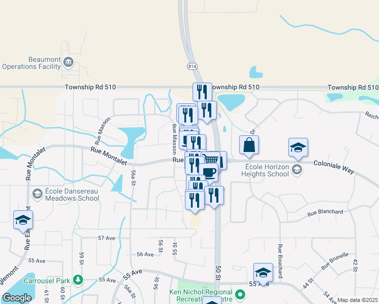 map of restaurants, bars, coffee shops, grocery stores, and more near 6306 50 Street in Beaumont