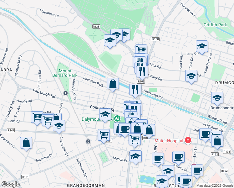 map of restaurants, bars, coffee shops, grocery stores, and more near Leinster Street North in Dublin