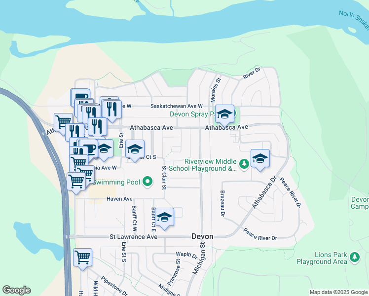 map of restaurants, bars, coffee shops, grocery stores, and more near 13 Ontario Crescent in Devon