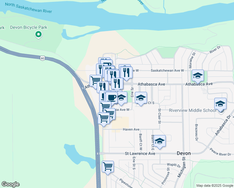 map of restaurants, bars, coffee shops, grocery stores, and more near 17 Athabasca Avenue in Devon