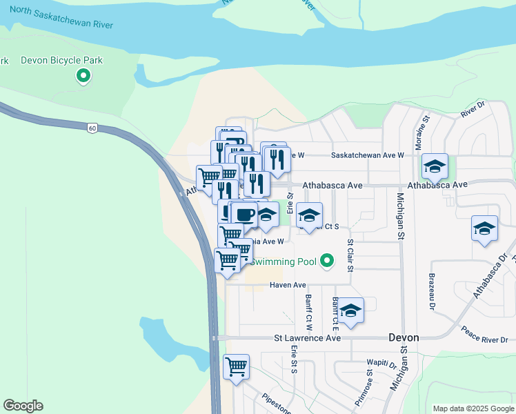 map of restaurants, bars, coffee shops, grocery stores, and more near 17 Athabasca Avenue in Devon