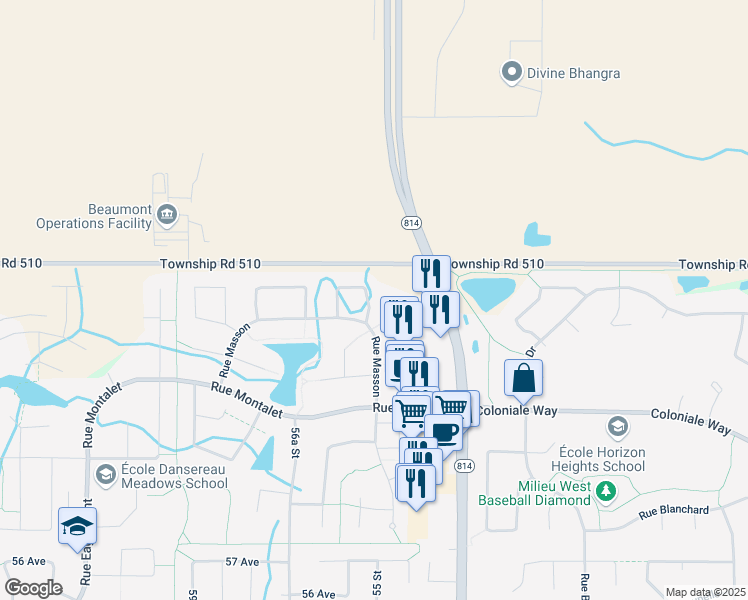 map of restaurants, bars, coffee shops, grocery stores, and more near 115 Rue Magnan in Beaumont