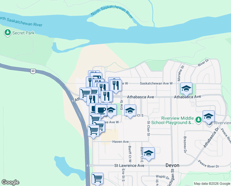 map of restaurants, bars, coffee shops, grocery stores, and more near 17 Athabasca Avenue in Devon