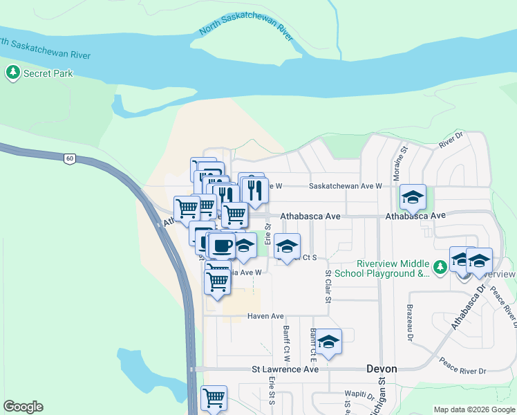 map of restaurants, bars, coffee shops, grocery stores, and more near 32 Erie Street in Devon