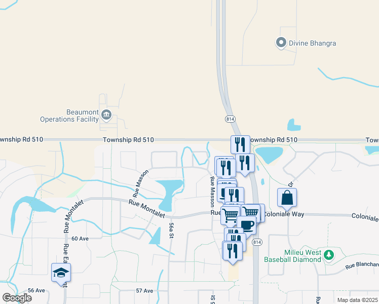 map of restaurants, bars, coffee shops, grocery stores, and more near 159 Rue Magnan in Beaumont