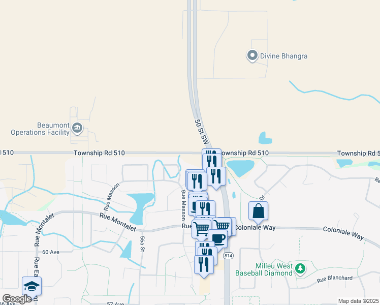 map of restaurants, bars, coffee shops, grocery stores, and more near Township Road 510 in Beaumont