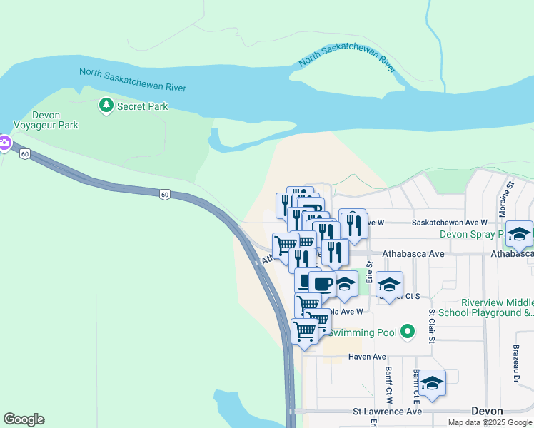 map of restaurants, bars, coffee shops, grocery stores, and more near 2 Saskatchewan Avenue West in Devon