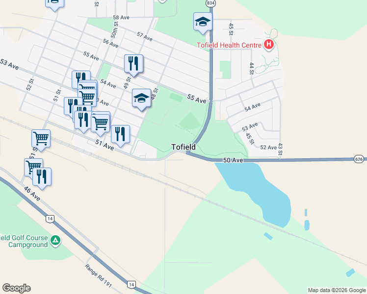 map of restaurants, bars, coffee shops, grocery stores, and more near in Tofield