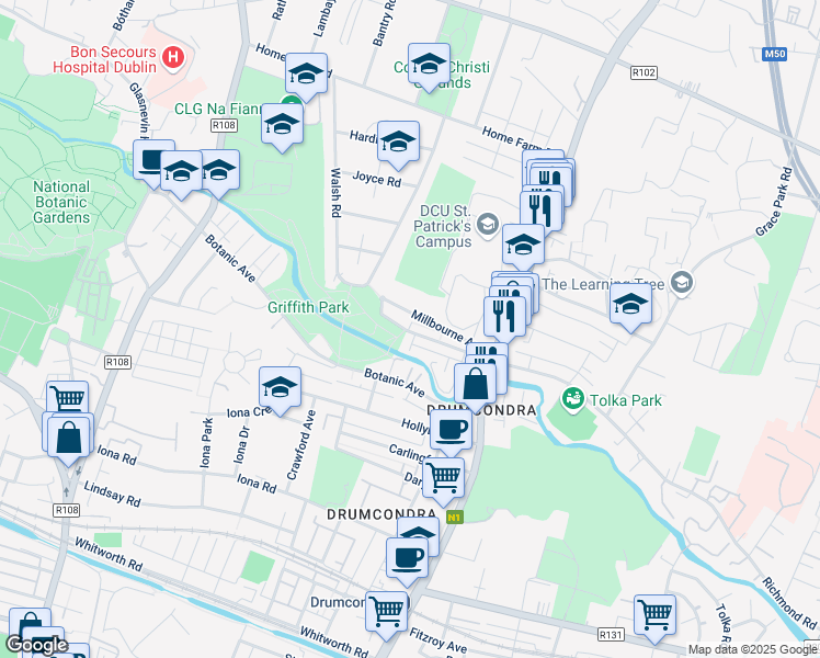 map of restaurants, bars, coffee shops, grocery stores, and more near 61 Millmount Avenue in Drumcondra
