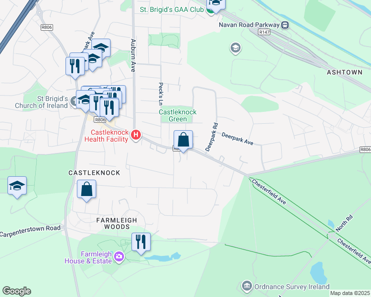 map of restaurants, bars, coffee shops, grocery stores, and more near Castleknock Road in Dublin