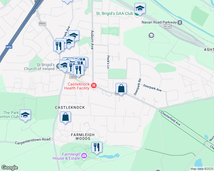 map of restaurants, bars, coffee shops, grocery stores, and more near 1 Stockton Grove in Castleknock