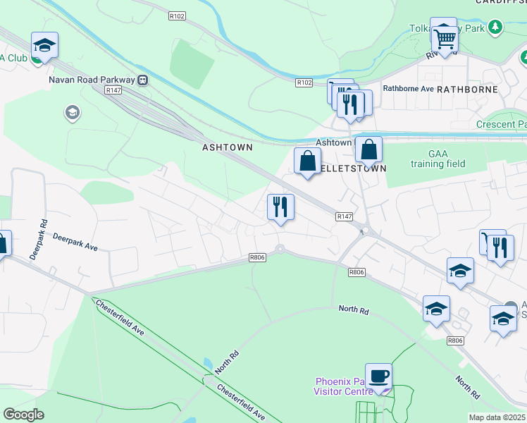 map of restaurants, bars, coffee shops, grocery stores, and more near Castleknock Road in Dublin