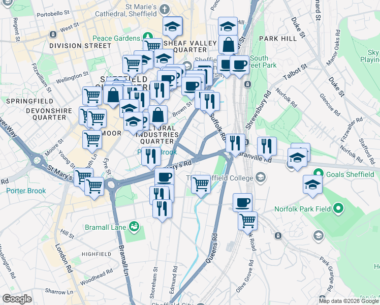 map of restaurants, bars, coffee shops, grocery stores, and more near Matilda Street in South Yorkshire