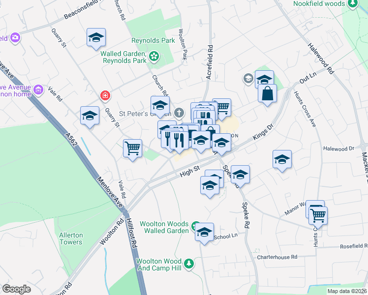 map of restaurants, bars, coffee shops, grocery stores, and more near in Liverpool