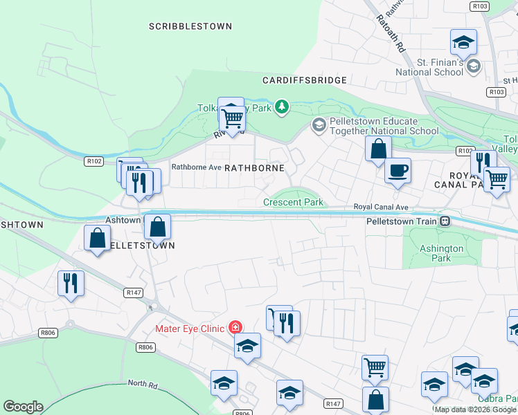 map of restaurants, bars, coffee shops, grocery stores, and more near 7 Rathborne Court in Dublin