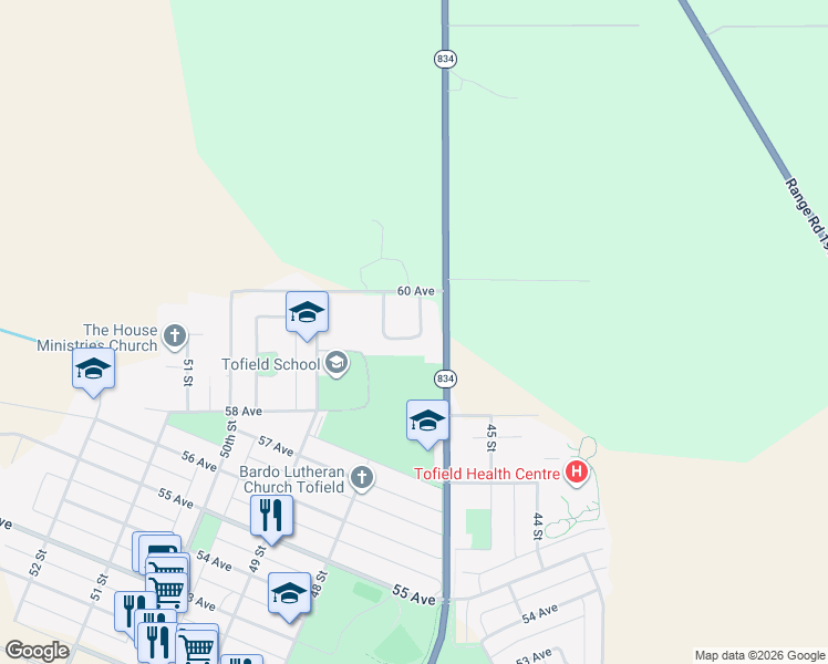 map of restaurants, bars, coffee shops, grocery stores, and more near 12 Beaverhill View Cresent in Tofield