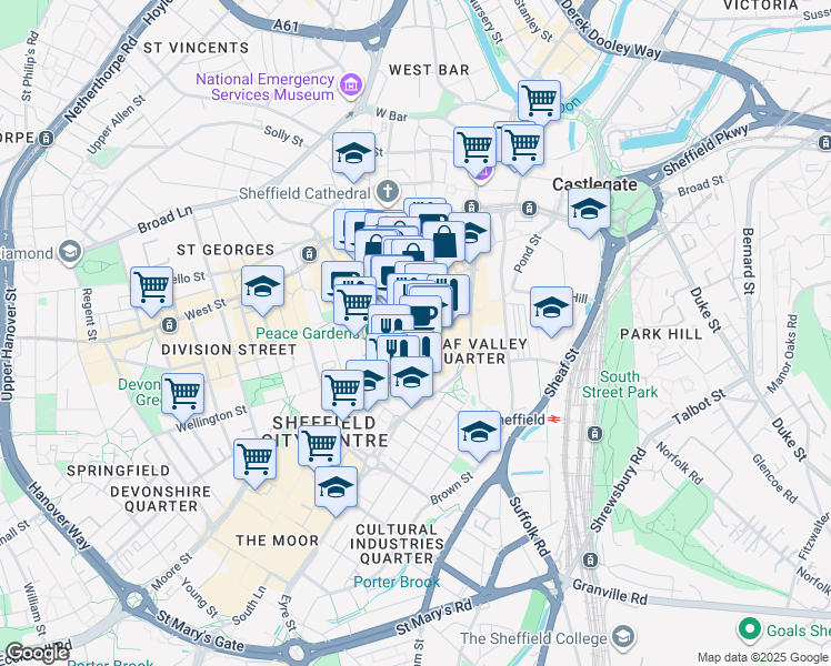 map of restaurants, bars, coffee shops, grocery stores, and more near in Sheffield
