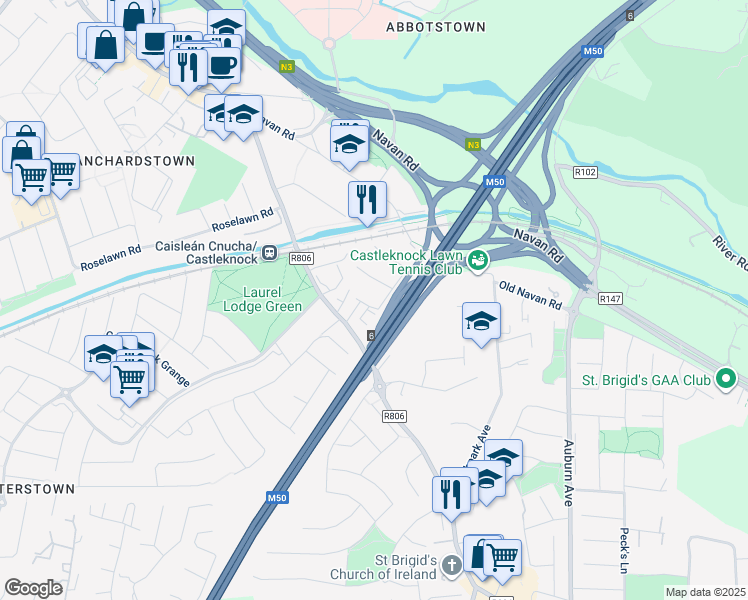 map of restaurants, bars, coffee shops, grocery stores, and more near Ashleigh Green in Castleknock