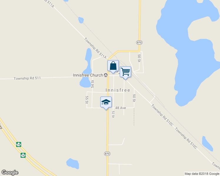 map of restaurants, bars, coffee shops, grocery stores, and more near 4911 53 Street in Innisfree