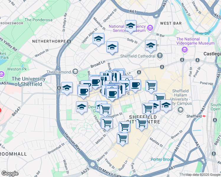 map of restaurants, bars, coffee shops, grocery stores, and more near 123 West Street in South Yorkshire