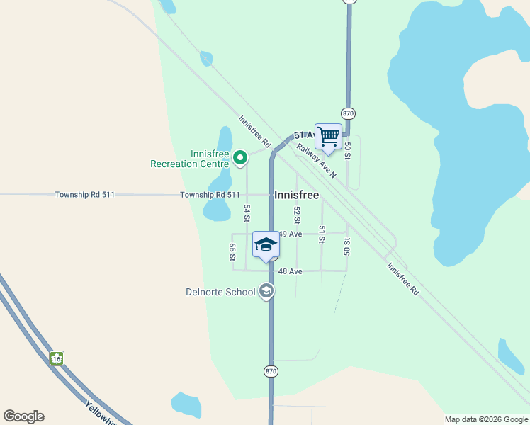 map of restaurants, bars, coffee shops, grocery stores, and more near 4911 53 Street in Innisfree