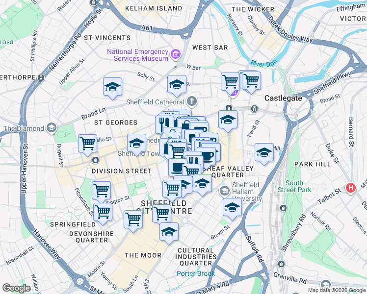 map of restaurants, bars, coffee shops, grocery stores, and more near in Sheffield