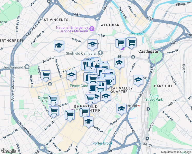 map of restaurants, bars, coffee shops, grocery stores, and more near in Sheffield