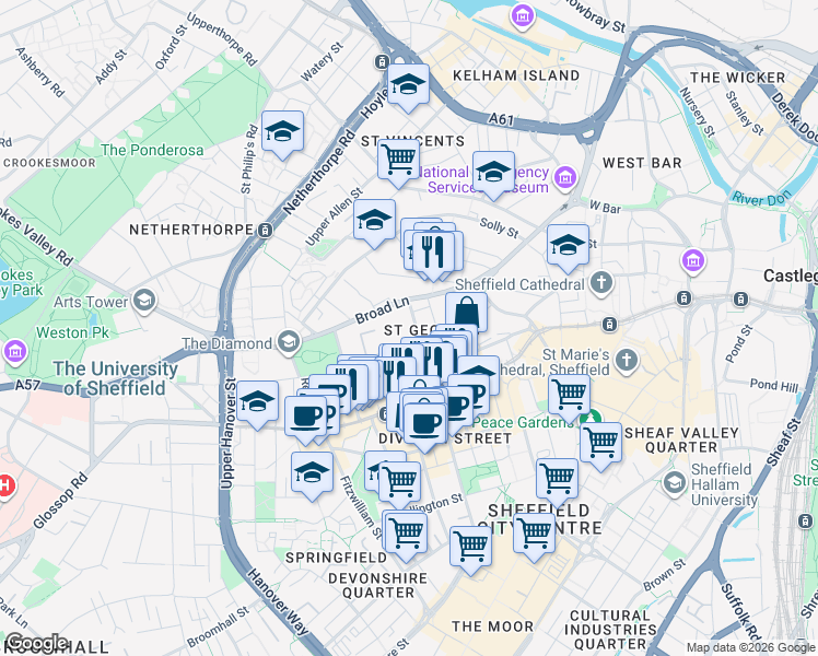 map of restaurants, bars, coffee shops, grocery stores, and more near 4 Rockingham Street in South Yorkshire