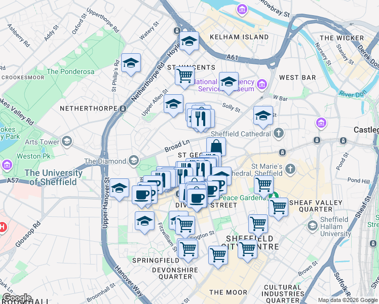 map of restaurants, bars, coffee shops, grocery stores, and more near 4 Rockingham Street in South Yorkshire