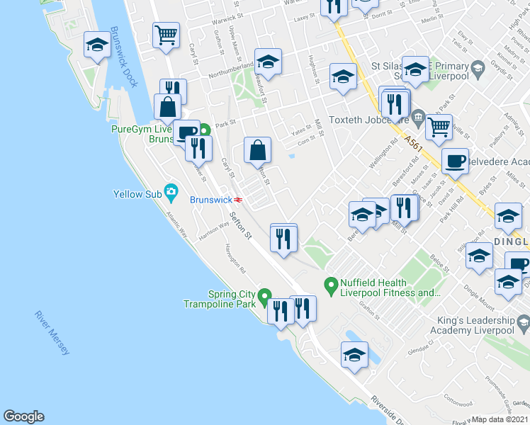 map of restaurants, bars, coffee shops, grocery stores, and more near Kaber Court in Merseyside