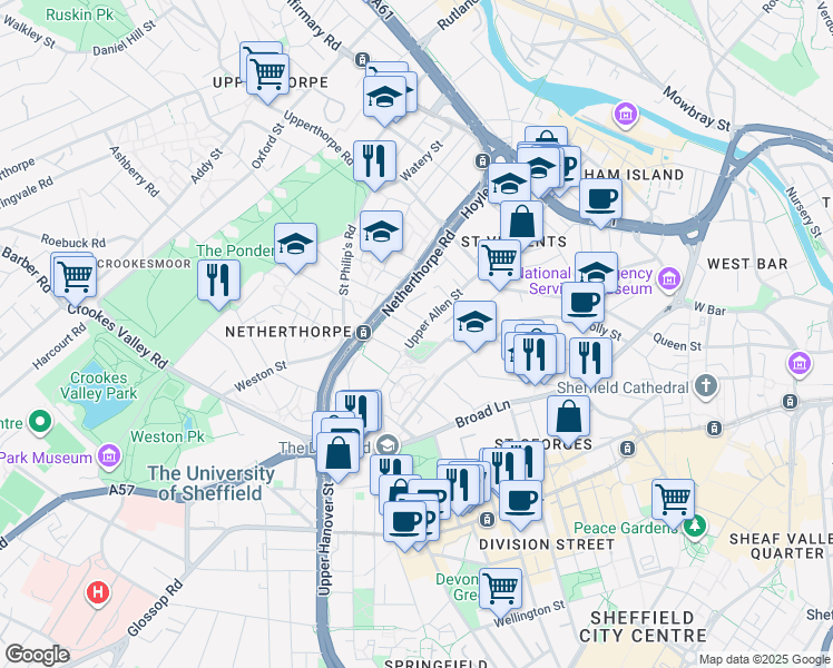 map of restaurants, bars, coffee shops, grocery stores, and more near 191 Upper Allen Street in South Yorkshire