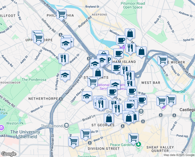 map of restaurants, bars, coffee shops, grocery stores, and more near 70 Allen Street in South Yorkshire