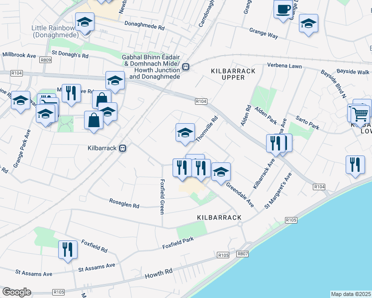 map of restaurants, bars, coffee shops, grocery stores, and more near 5 Thornville Road in Kilbarrack
