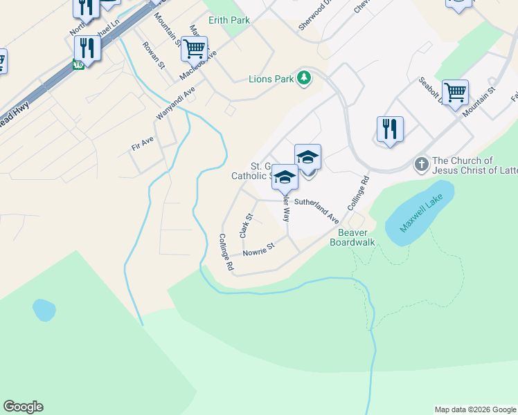 map of restaurants, bars, coffee shops, grocery stores, and more near 156 Clark Street in Hinton