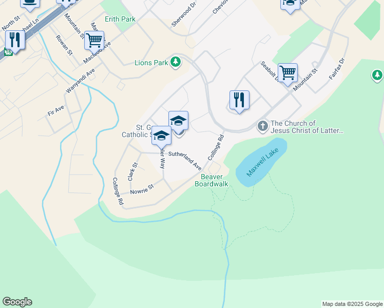 map of restaurants, bars, coffee shops, grocery stores, and more near 124 Sutherland Avenue in Hinton