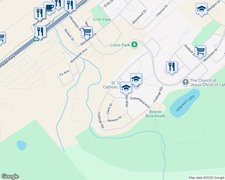 map of restaurants, bars, coffee shops, grocery stores, and more near 156 Clark Street in Hinton