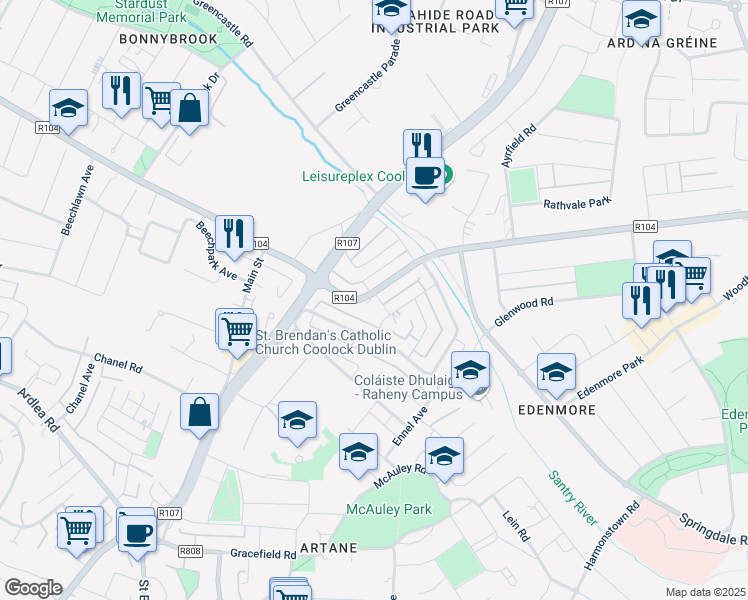 map of restaurants, bars, coffee shops, grocery stores, and more near 44 Tonlegee Road in Coolock