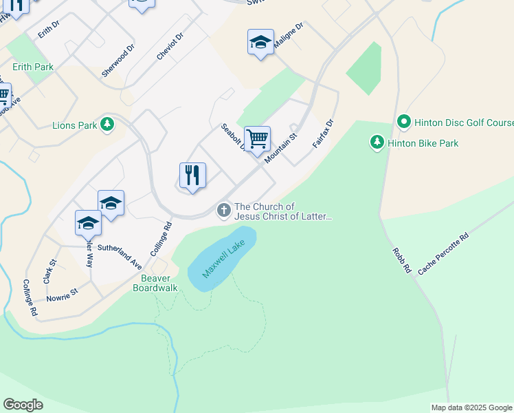map of restaurants, bars, coffee shops, grocery stores, and more near 141 Reimer Drive in Hinton