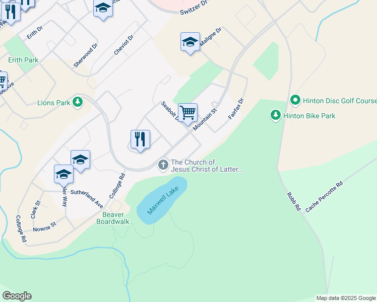 map of restaurants, bars, coffee shops, grocery stores, and more near 141 Reimer Drive in Hinton