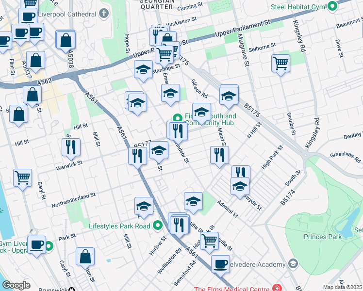 map of restaurants, bars, coffee shops, grocery stores, and more near Windsor Street in Merseyside