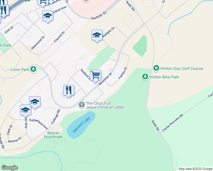 map of restaurants, bars, coffee shops, grocery stores, and more near 197 Fairfax Drive in Hinton