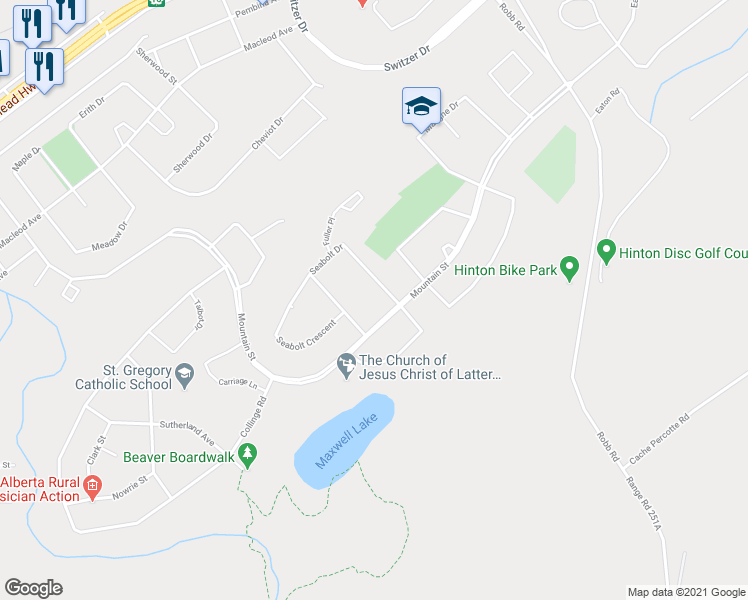 map of restaurants, bars, coffee shops, grocery stores, and more near 209 Seabolt Drive in Hinton