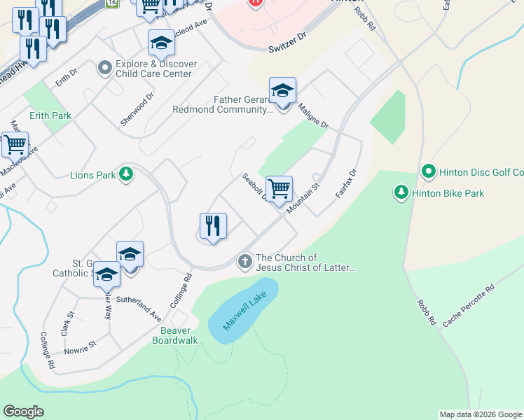 map of restaurants, bars, coffee shops, grocery stores, and more near 209 Seabolt Drive in Hinton