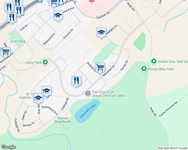 map of restaurants, bars, coffee shops, grocery stores, and more near 109 Seabolt Drive in Hinton