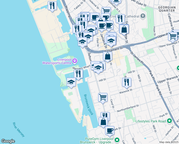 map of restaurants, bars, coffee shops, grocery stores, and more near The Anchorage in Merseyside