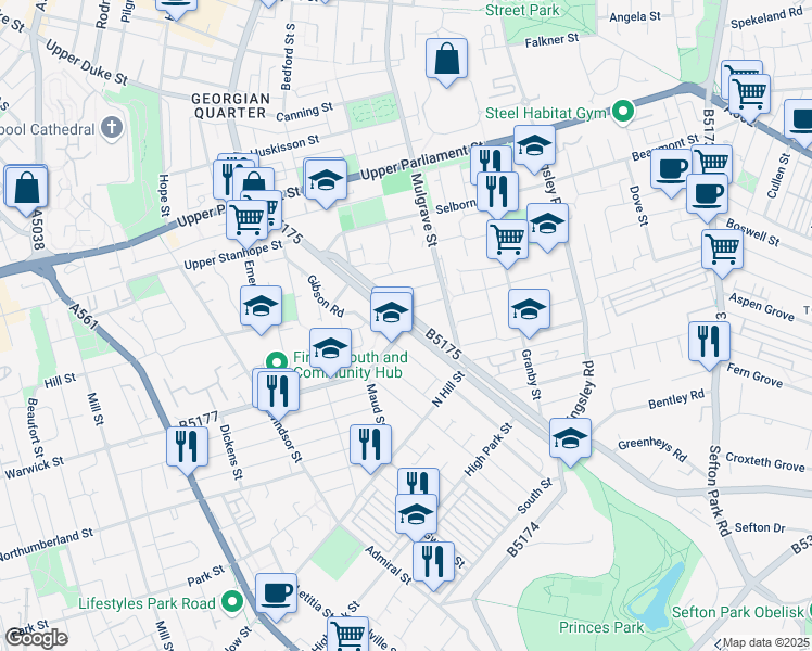 map of restaurants, bars, coffee shops, grocery stores, and more near Princes Road in Merseyside