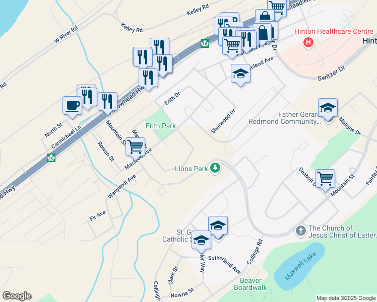 map of restaurants, bars, coffee shops, grocery stores, and more near 115 Meadow Drive in Hinton