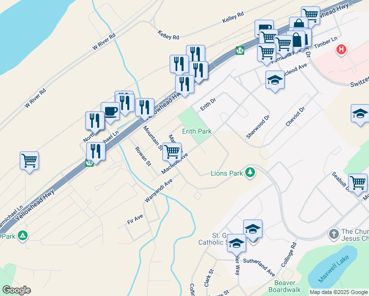 map of restaurants, bars, coffee shops, grocery stores, and more near 103 Maple Drive in Hinton